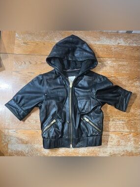 For Joseph black genuine leather hooded short sleeve jacket. Size Small